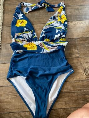 Womens Floral Halter One-Piece Swimsuit in Navy and Yellow